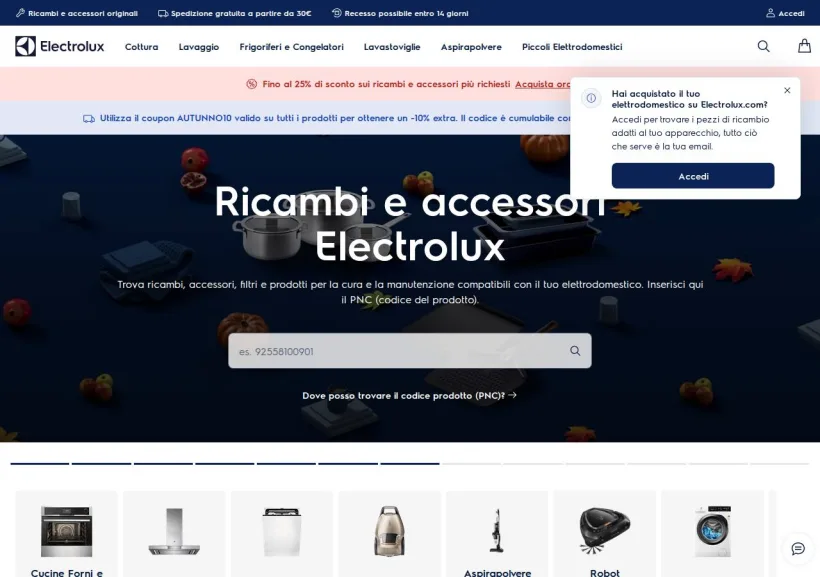 Schermata della pagina offerta di Shop Electrolux