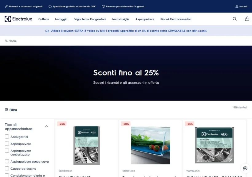 Schermata della pagina offerta di Shop Electrolux