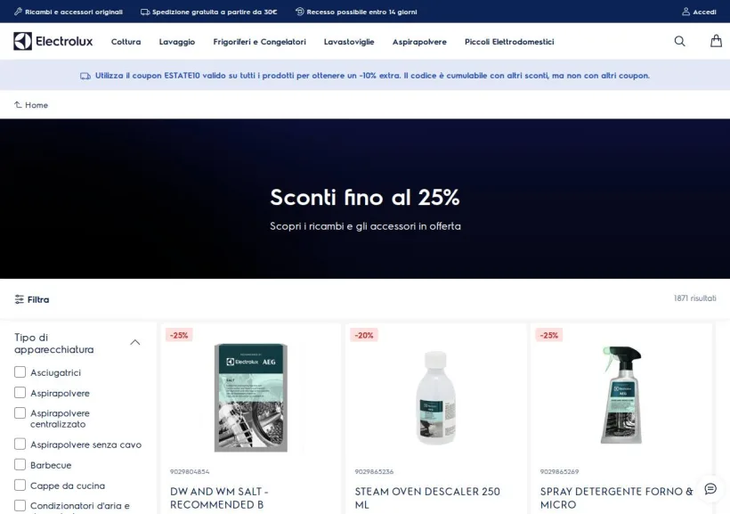 Schermata della pagina offerta di Shop Electrolux