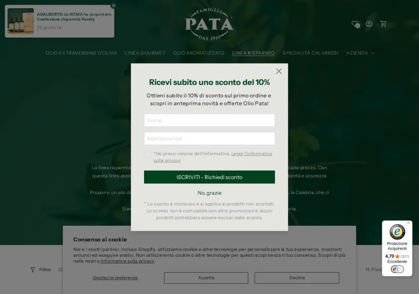 Schermata della pagina offerta di Olio Pata