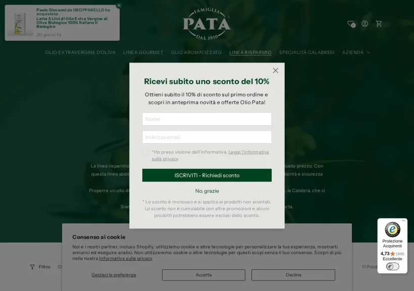 Schermata della pagina offerta di Olio Pata