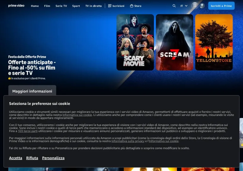Schermata della pagina offerta di Prime Video