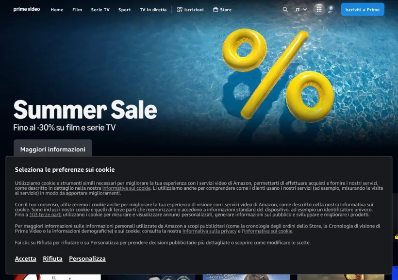 Schermata della pagina offerta di Prime Video