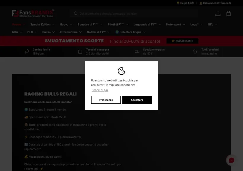 Schermata della pagina offerta di FansBRANDS