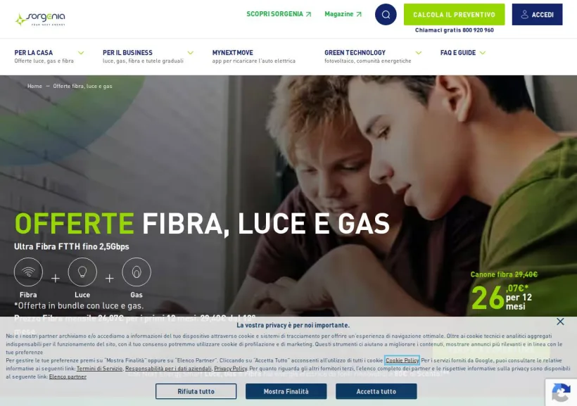 Schermata della pagina offerta di Sorgenia