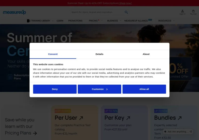 Schermata della pagina offerta di Measureup