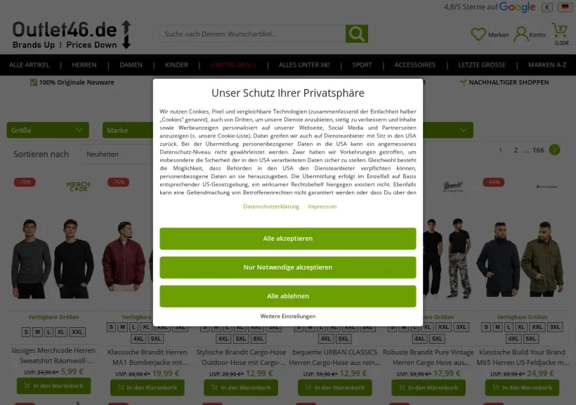 Schermata della pagina offerta di Outlet46