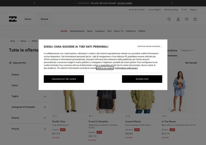 Schermata della pagina offerta di Billabong