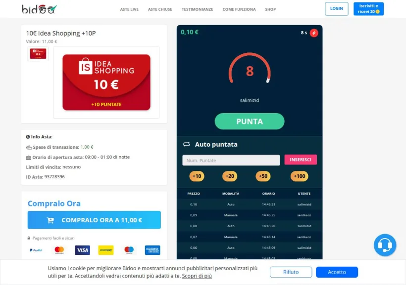 Schermata della pagina offerta di Bidoo