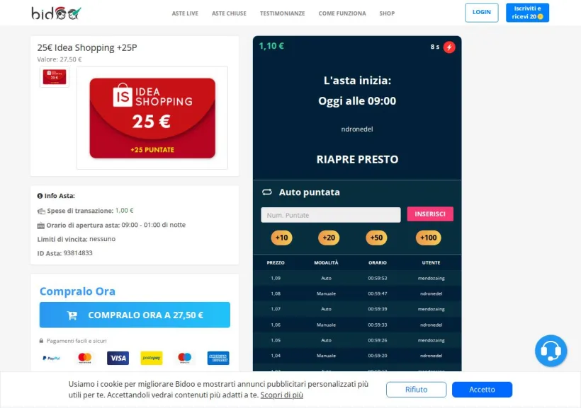 Schermata della pagina offerta di Bidoo
