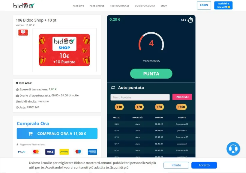 Schermata della pagina offerta di Bidoo