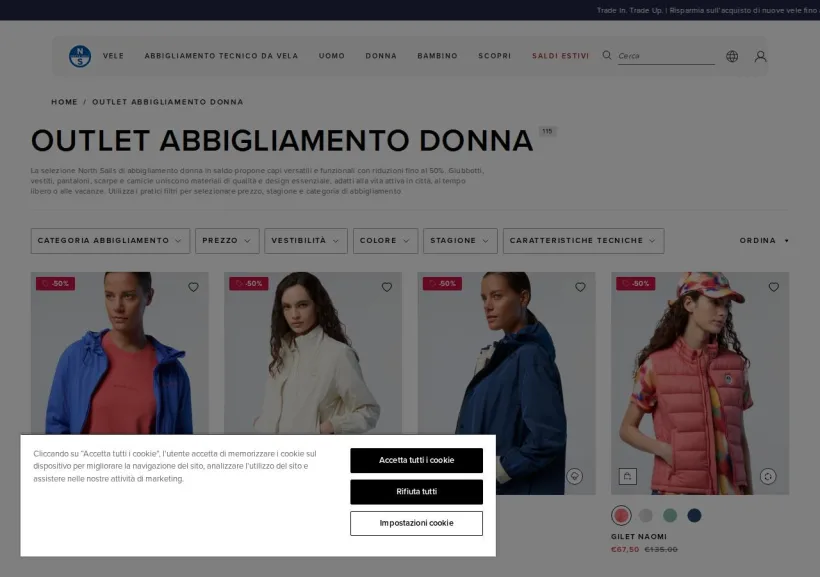 Schermata della pagina offerta di North Sails