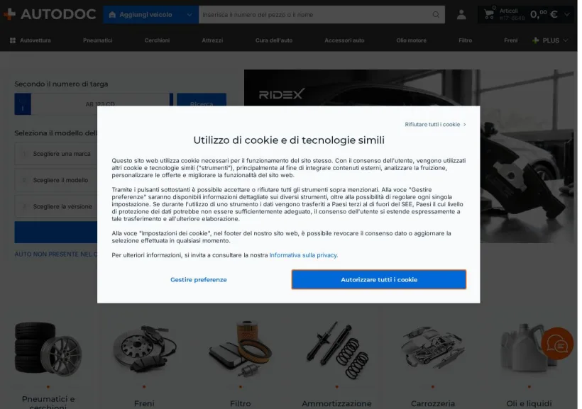 Schermata della pagina offerta di Autodoc