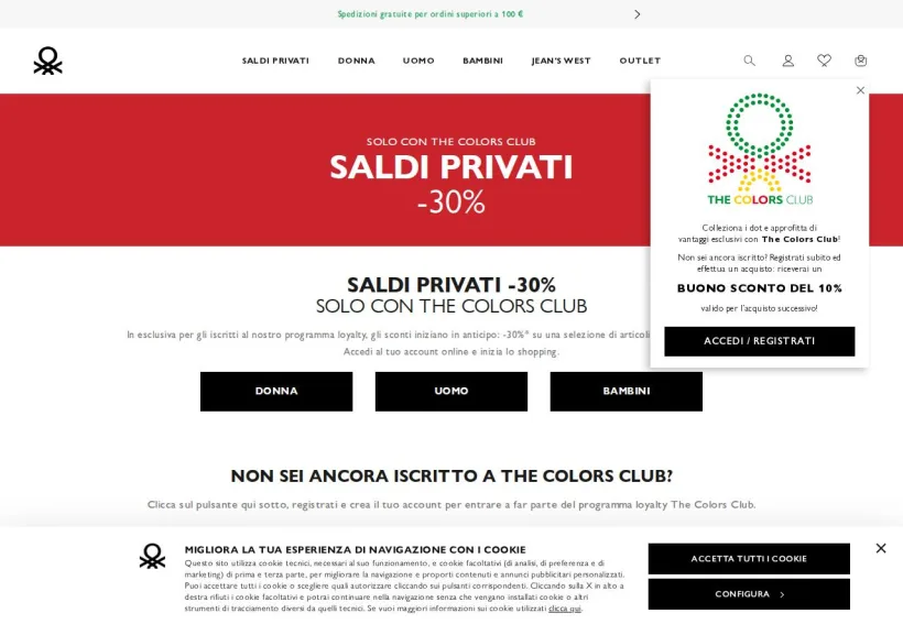 Schermata della pagina offerta di Benetton 