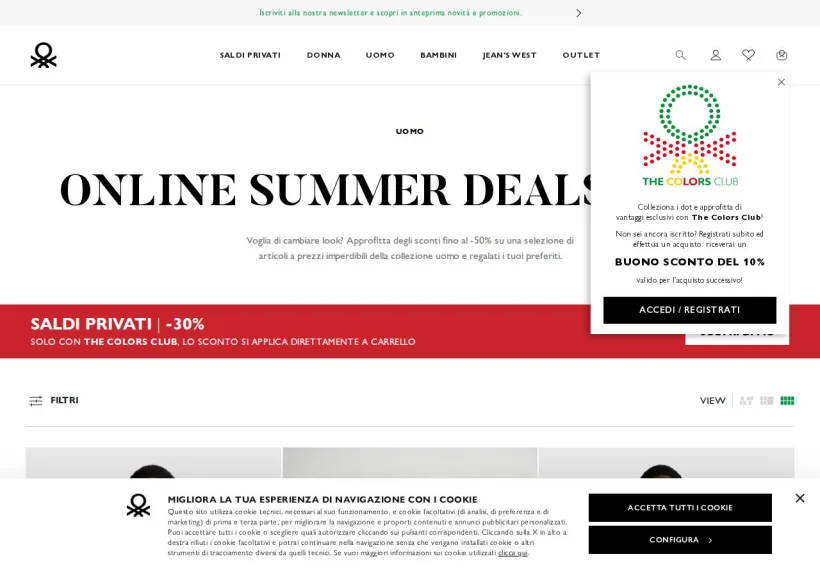Schermata della pagina offerta di Benetton 