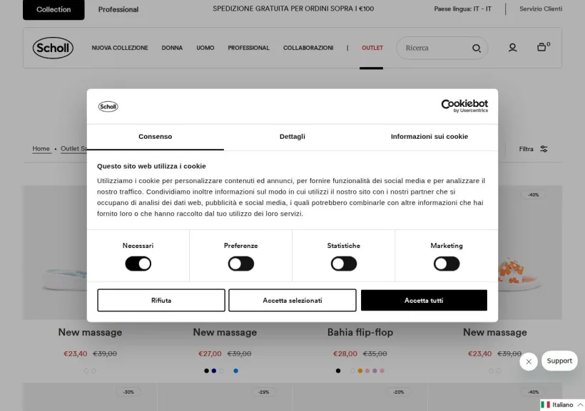 Schermata della pagina offerta di Scholl shoes