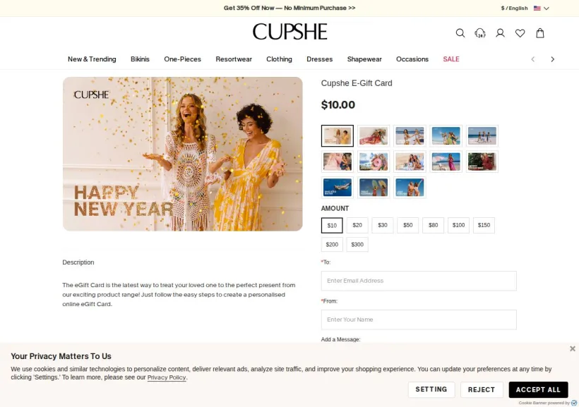 Schermata della pagina offerta di Cupshe