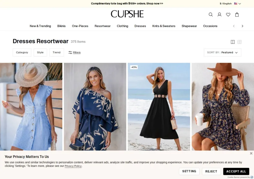 Schermata della pagina offerta di Cupshe