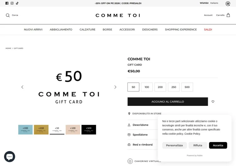 Schermata della pagina offerta di Comme Toi