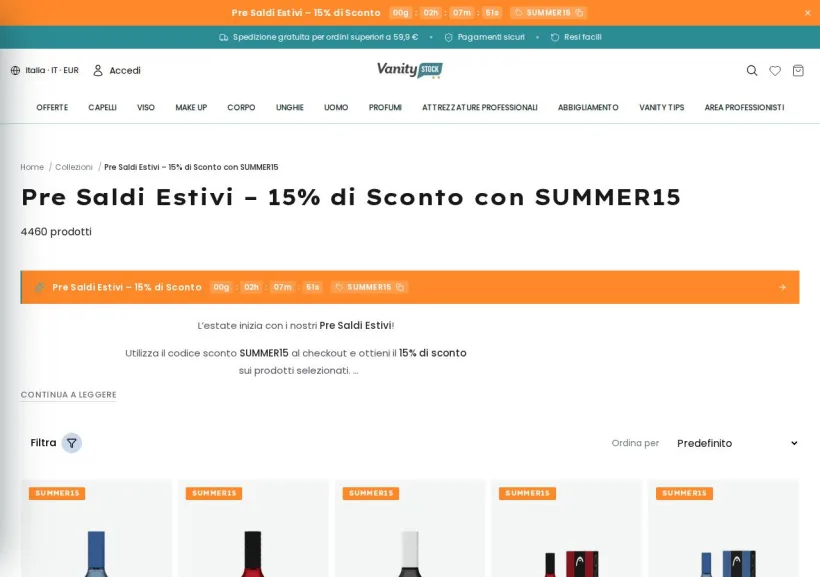 Schermata della pagina offerta di VanityStock.com