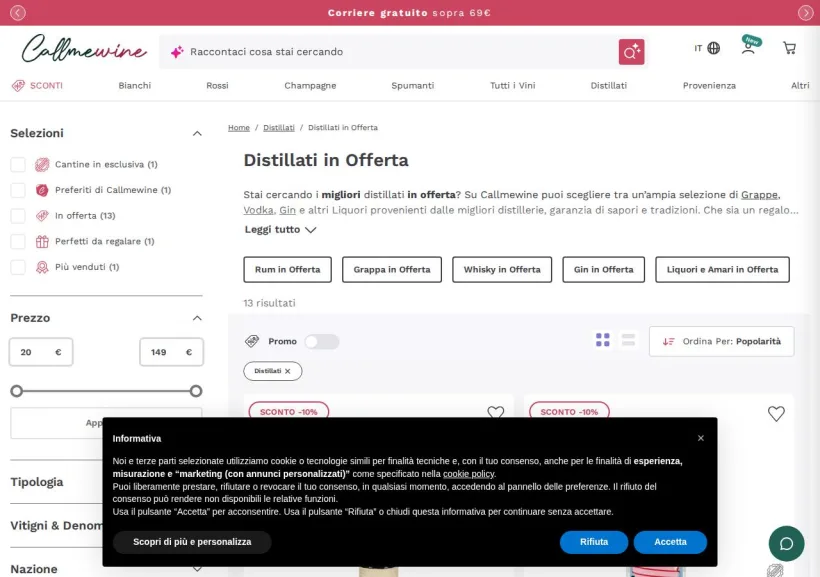 Schermata della pagina offerta di Callmewine