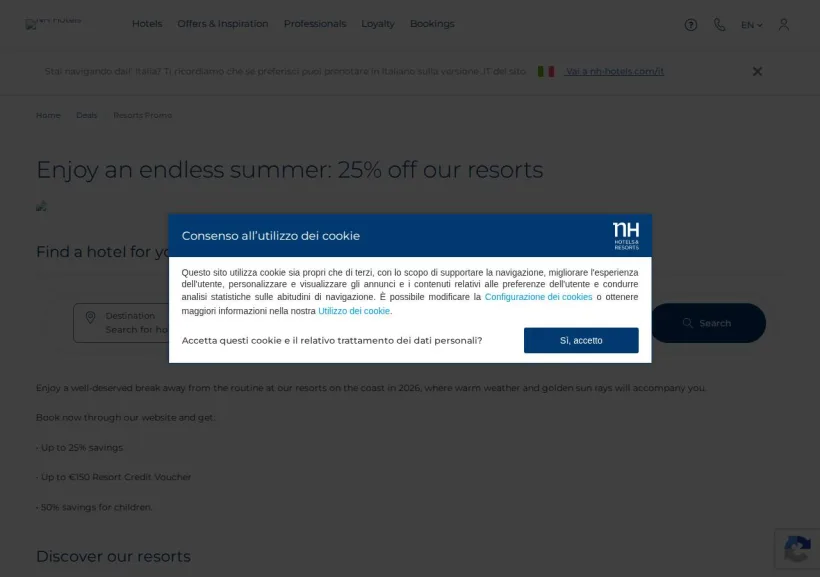 Schermata della pagina offerta di NH Hotels