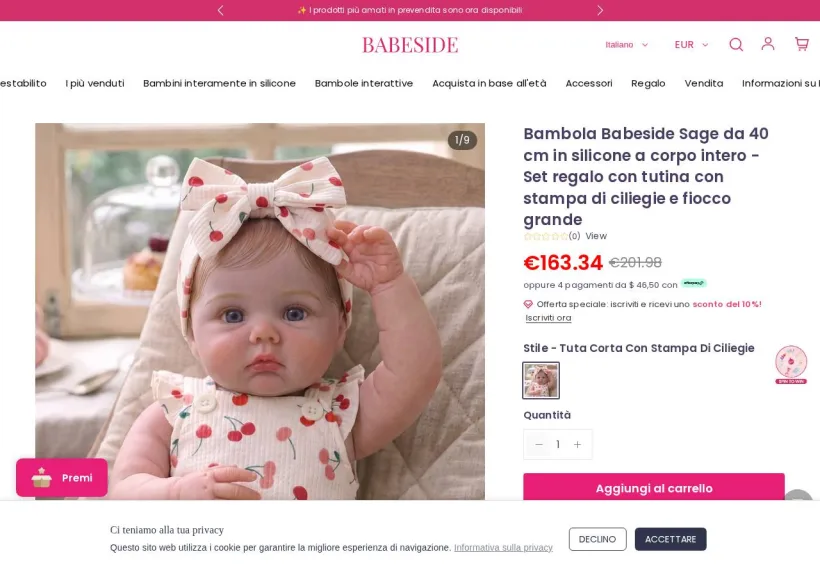 Schermata della pagina offerta di Babeside