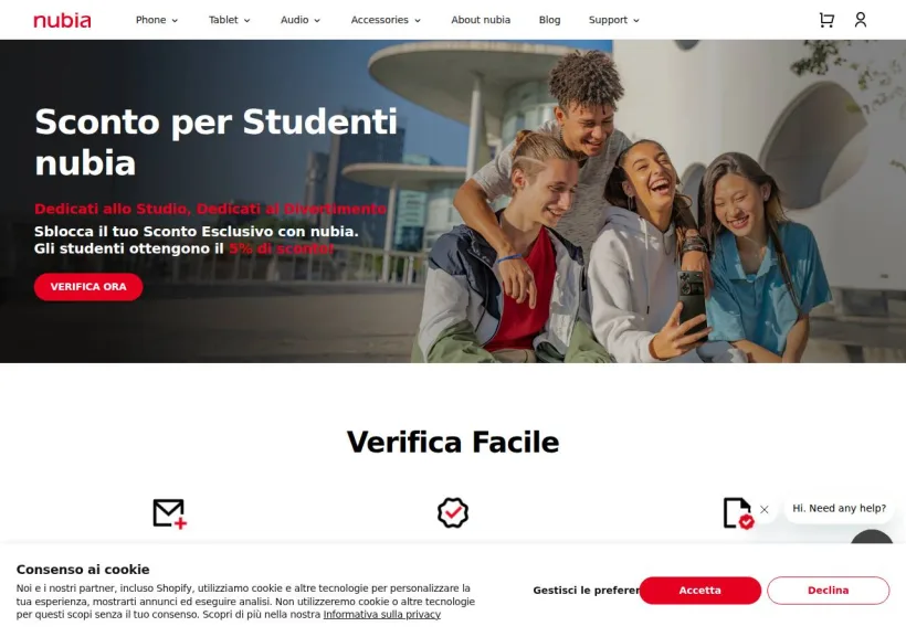 Schermata della pagina offerta di Nubia