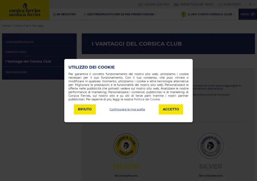 Schermata della pagina offerta di Corsica Ferries