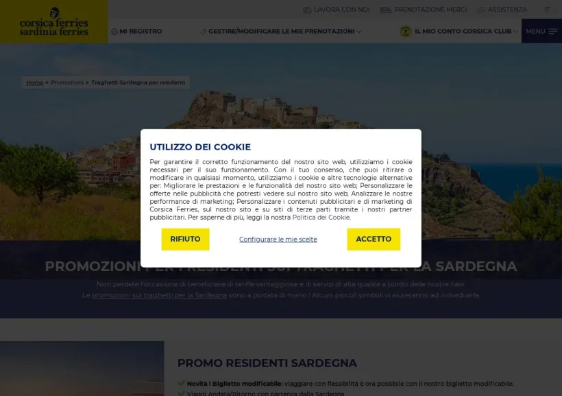 Schermata della pagina offerta di Corsica Ferries