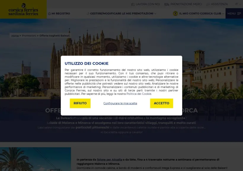 Schermata della pagina offerta di Corsica Ferries