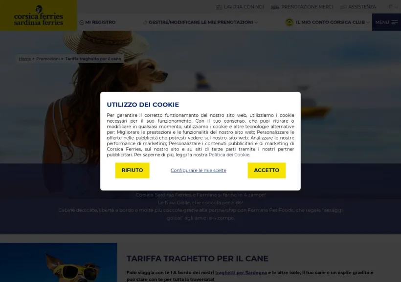 Schermata della pagina offerta di Corsica Ferries