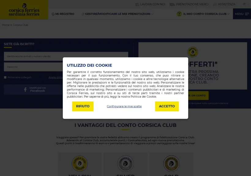 Schermata della pagina offerta di Corsica Ferries