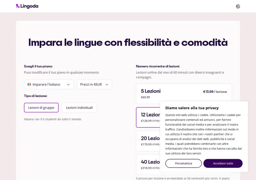 Schermata della pagina offerta di Lingoda