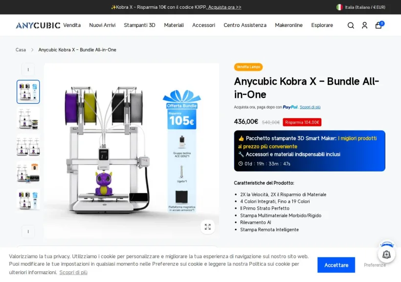 Schermata della pagina offerta di Anycubic