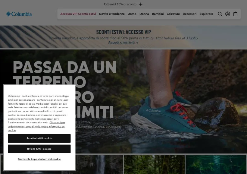 Schermata della pagina offerta di Columbia