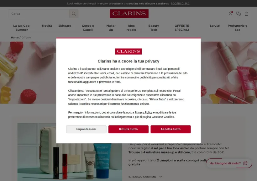 Schermata della pagina offerta di Clarins