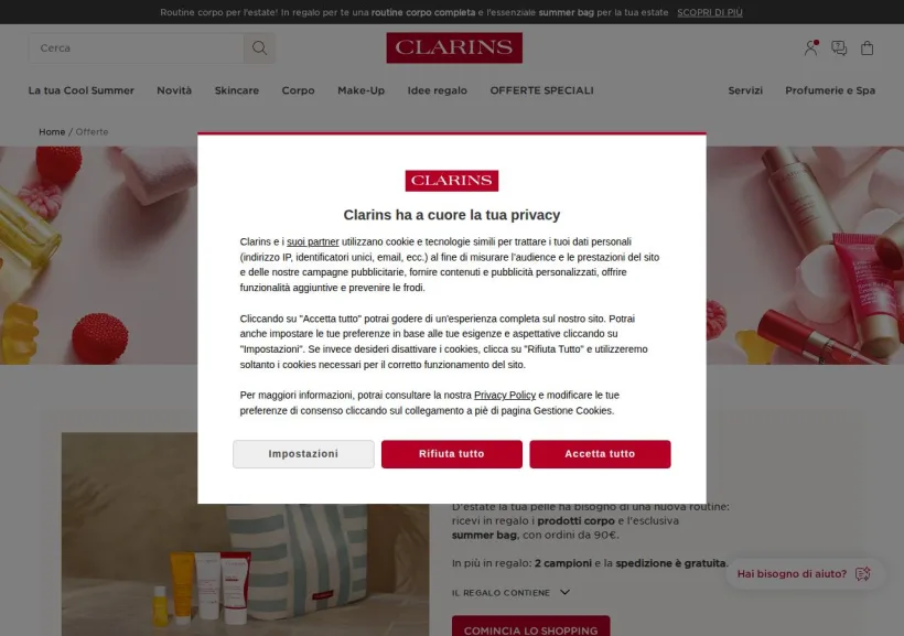 Schermata della pagina offerta di Clarins
