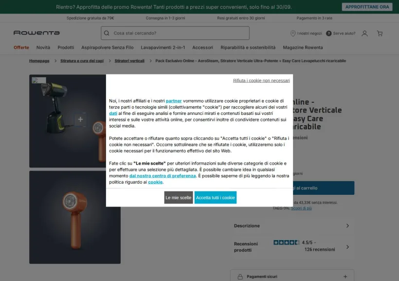Schermata della pagina offerta di Rowenta