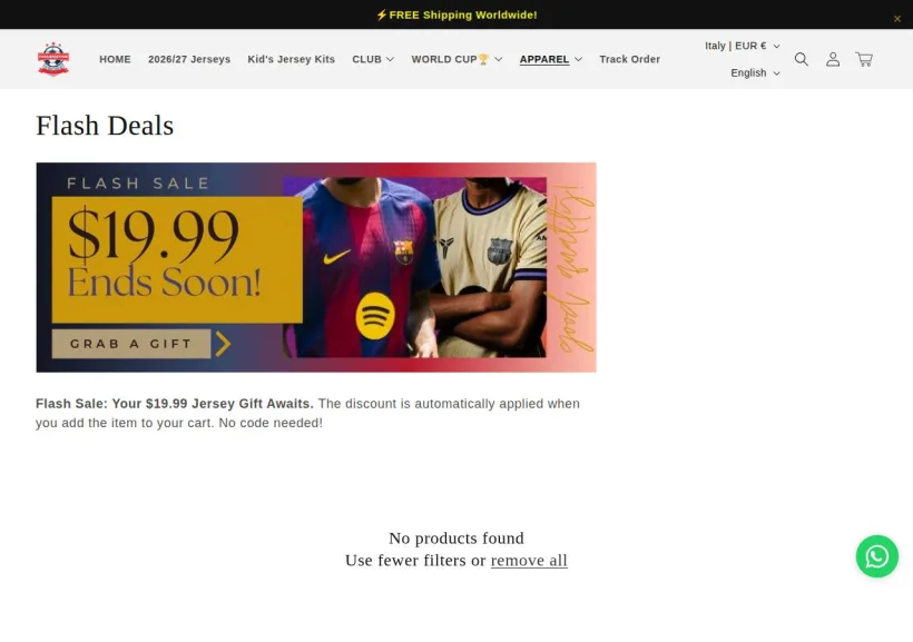 Schermata della pagina offerta di FansJerseyHub