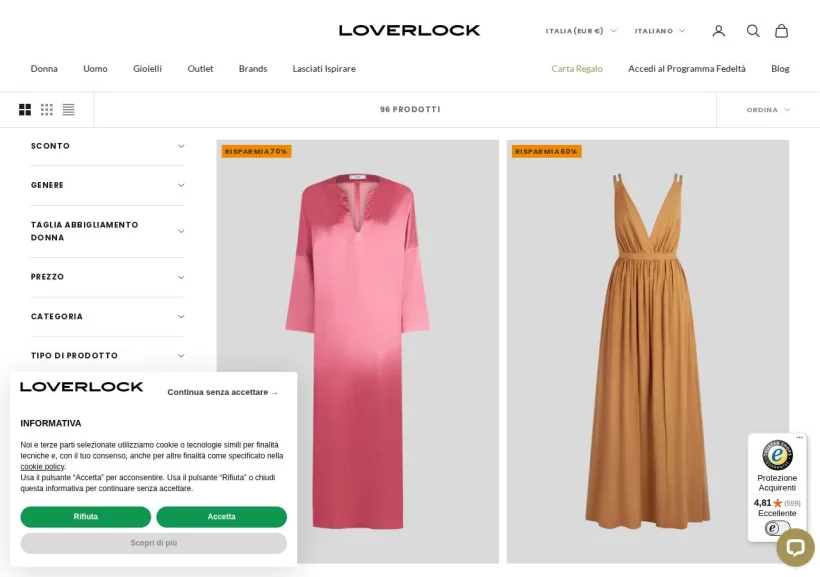 Schermata della pagina offerta di Loverlock boutique on line