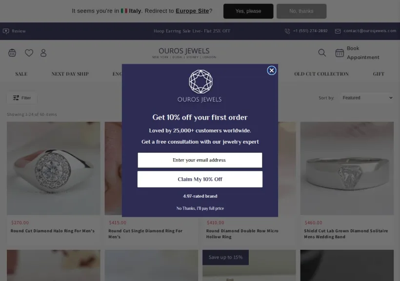 Schermata della pagina offerta di Ouros Jewels