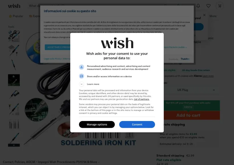 Schermata della pagina offerta di Wish