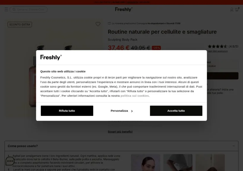 Schermata della pagina offerta di Freshly Cosmetics
