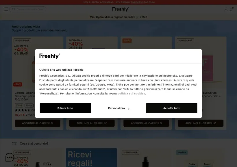 Schermata della pagina offerta di Freshly Cosmetics