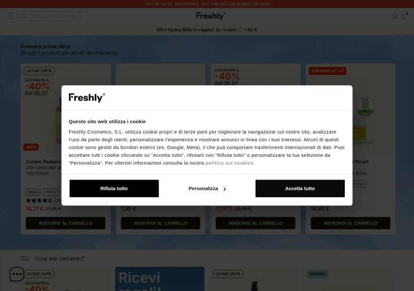 Schermata della pagina offerta di Freshly Cosmetics