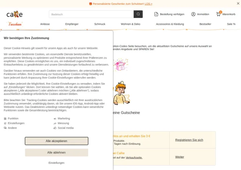 Schermata della pagina offerta di Callie