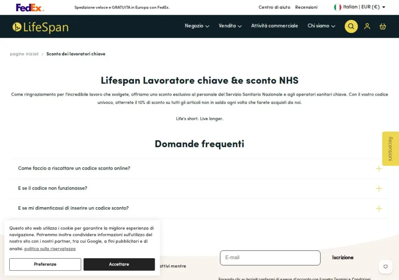 Schermata della pagina offerta di Lifespan Europe