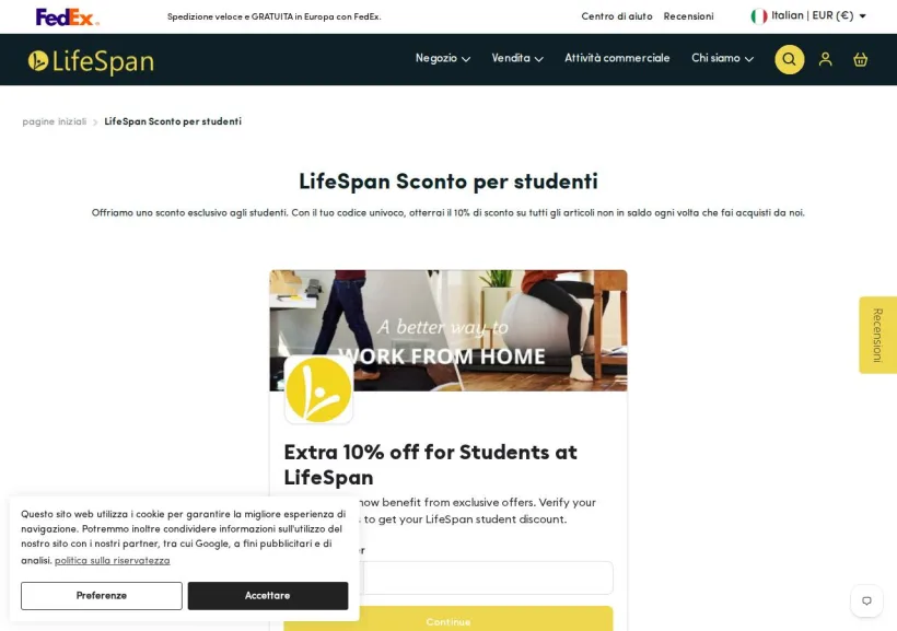 Schermata della pagina offerta di Lifespan Europe