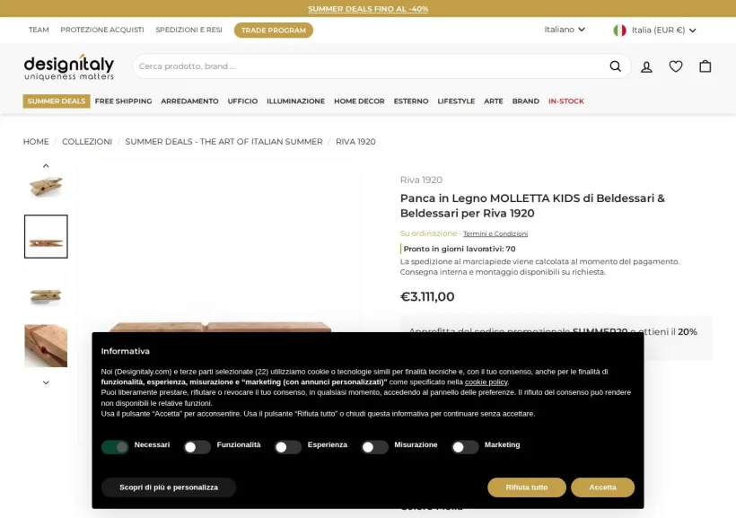 Schermata della pagina offerta di Design Italy